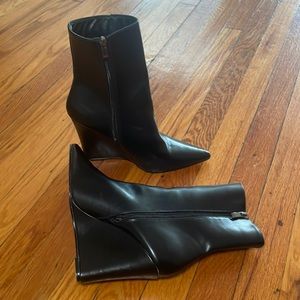 Leather black wedge boots; NEVER WORN !